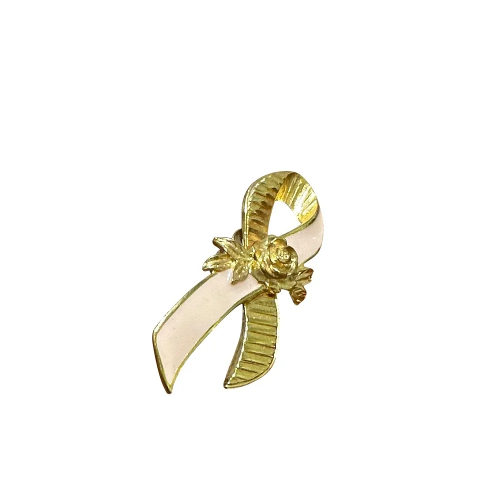 Vintage Avon Ribbon‎ Pin Brooch Gold Tone White Enamel Flower Lapel Gift